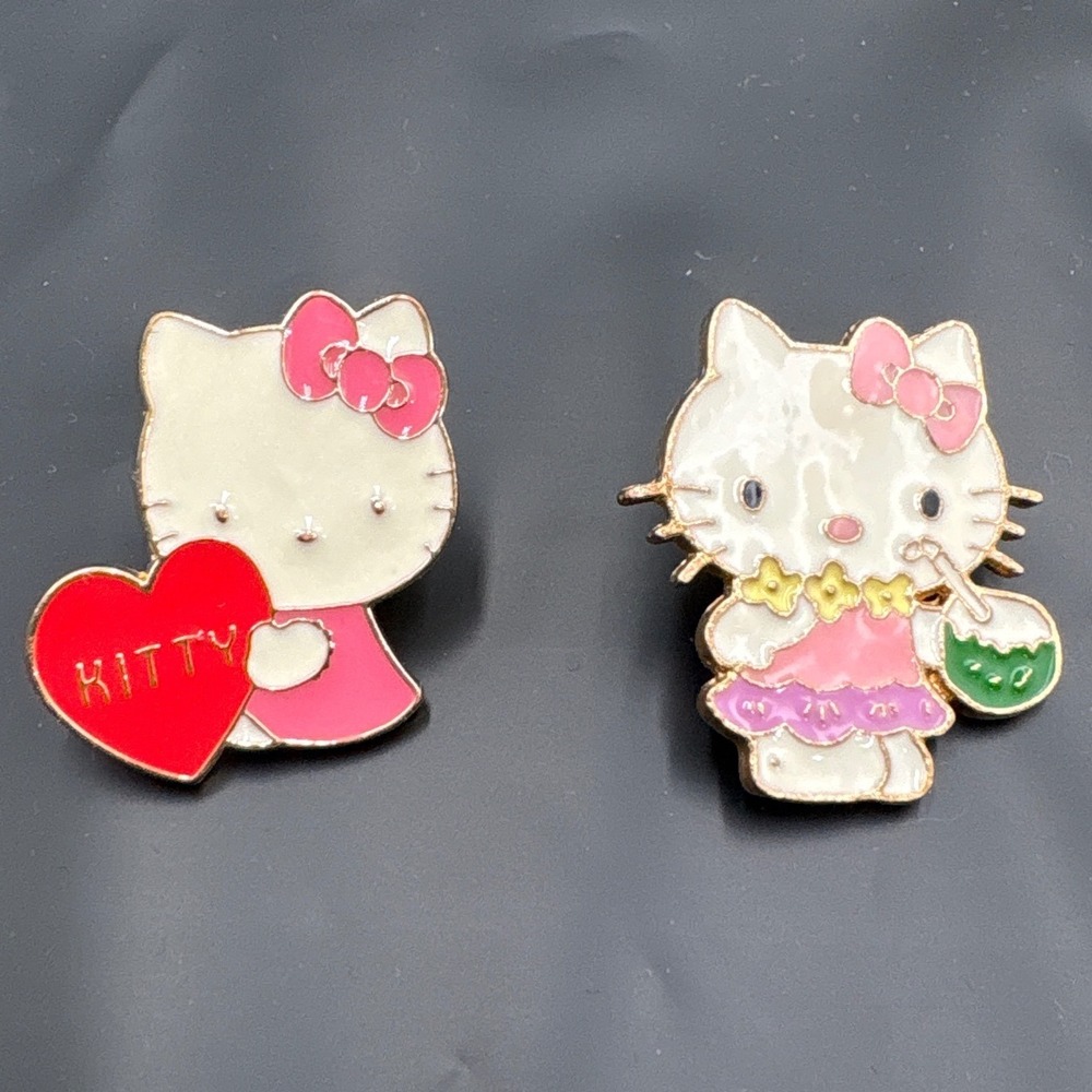 Hello Kitty Enamel Pin Set 1" White Pink Kawaii Sanrio Hula Heart Gold 2pc lot